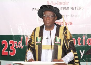 Professor Olufemi Peters delivering his address to NOUN students during the matriculation ceremony on Saturday