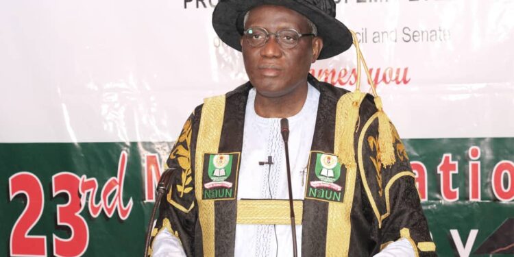 Professor Olufemi Peters delivering his address to NOUN students during the matriculation ceremony on Saturday