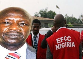 A photo montage of Ibrahim Magu and EFCC officers